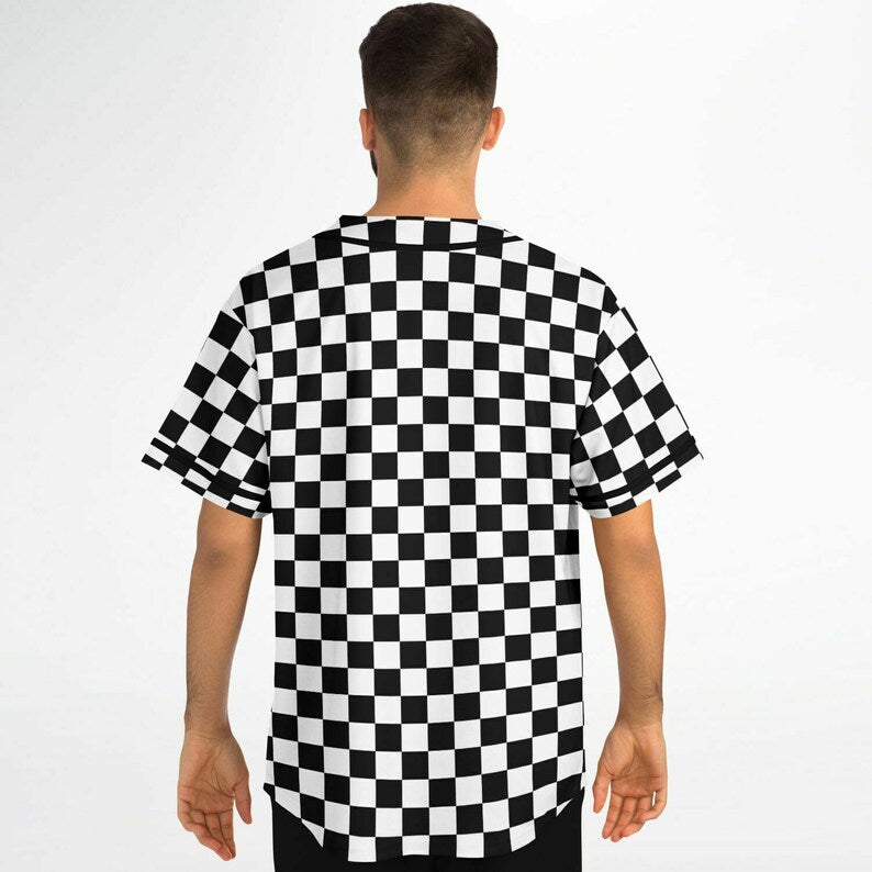Checkered Baseball Jersey Shirt - Black & White Grid Unisex Moisture-Wicking Sports Top
