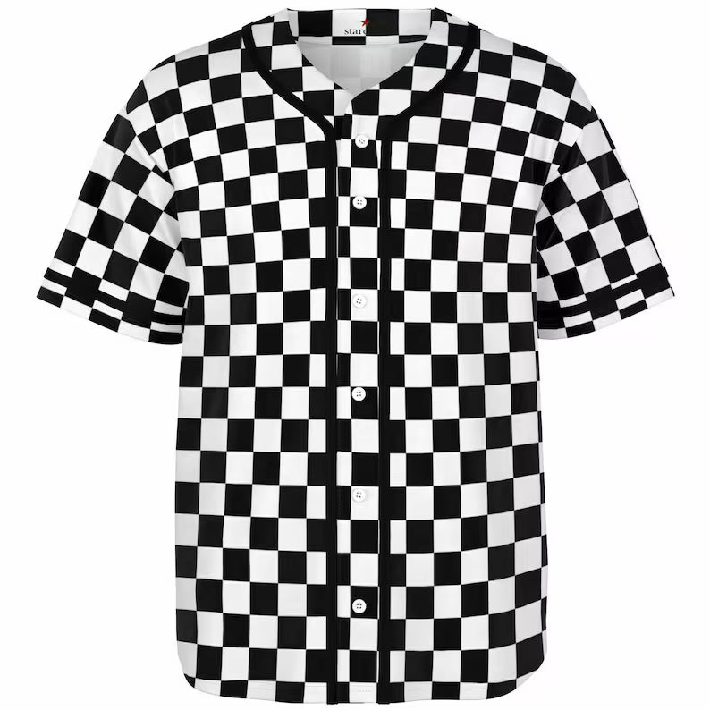 Checkered Baseball Jersey Shirt - Black & White Grid Unisex Moisture-Wicking Sports Top