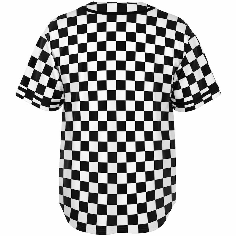 Checkered Baseball Jersey Shirt - Black & White Grid Unisex Moisture-Wicking Sports Top