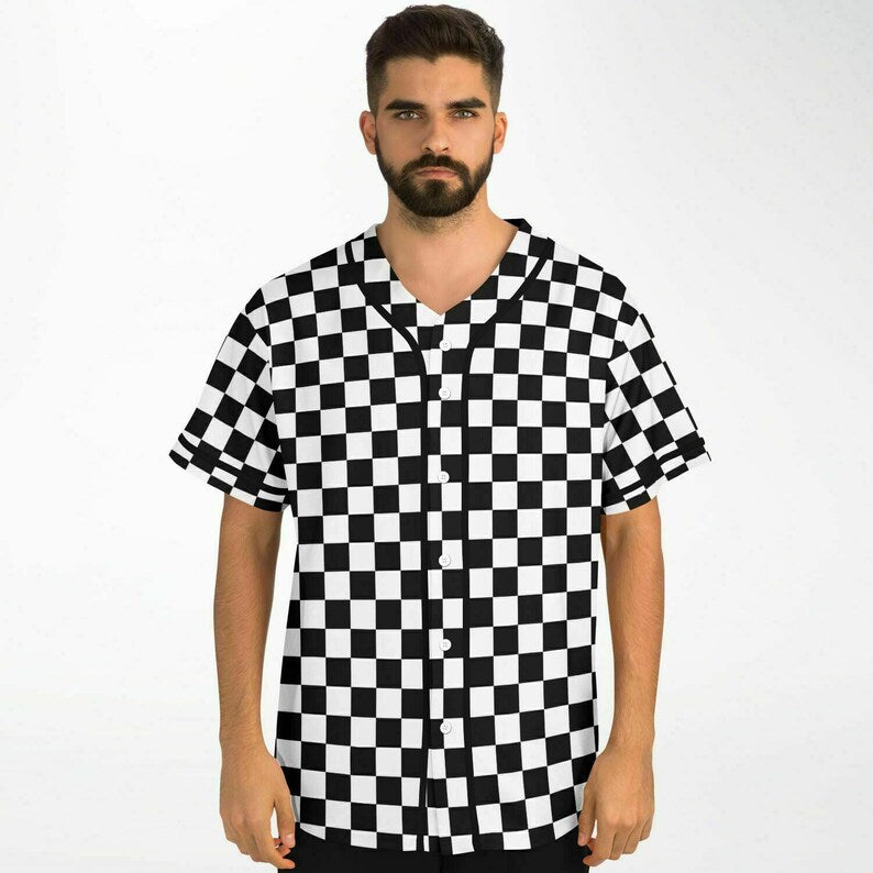 Checkered Baseball Jersey Shirt - Black & White Grid Unisex Moisture-Wicking Sports Top