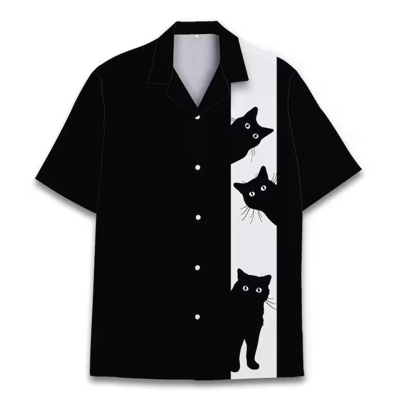 Funny Black Cat Hawaiian Shirt | Tropical Palms Short Sleeve Aloha Button-Down & Quirky Summer Beach Top
