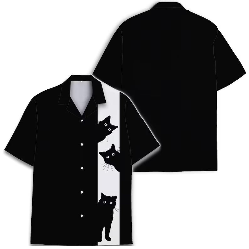 Funny Black Cat Hawaiian Shirt | Tropical Palms Short Sleeve Aloha Button-Down & Quirky Summer Beach Top