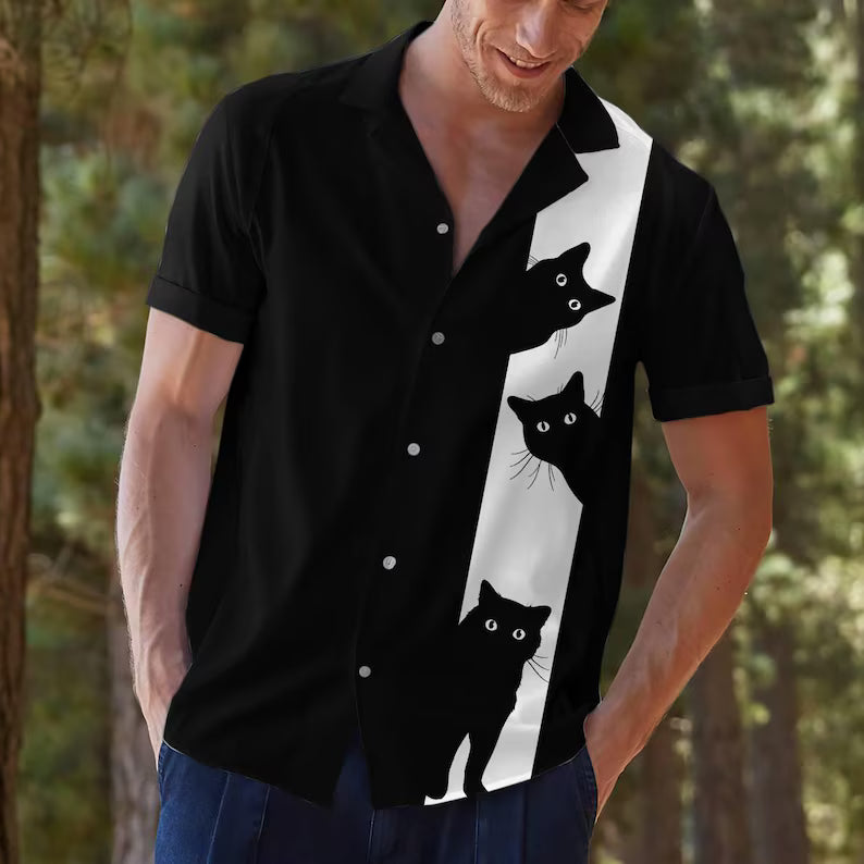 Funny Black Cat Hawaiian Shirt | Tropical Palms Short Sleeve Aloha Button-Down & Quirky Summer Beach Top