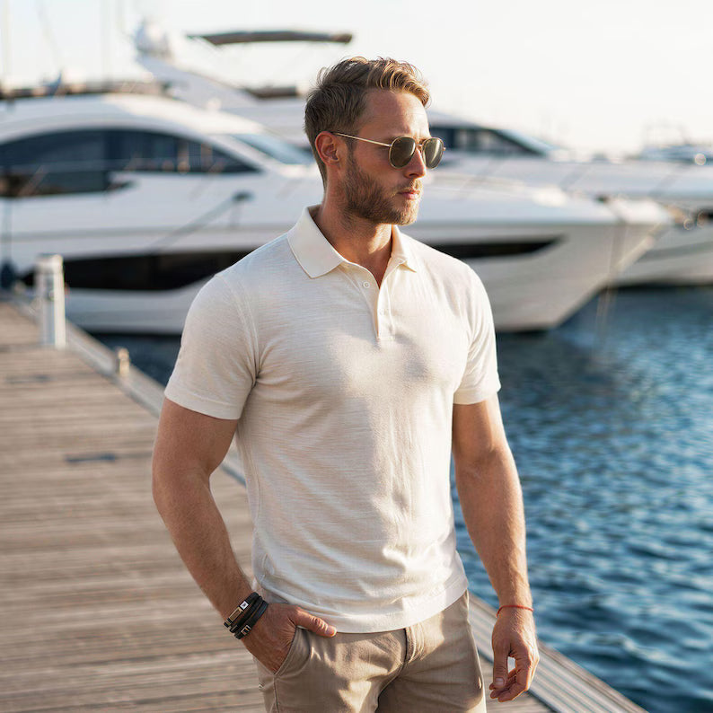 Men's Merino Wool Polo Shirt - Lightweight Breathable Casual Short Sleeve Top