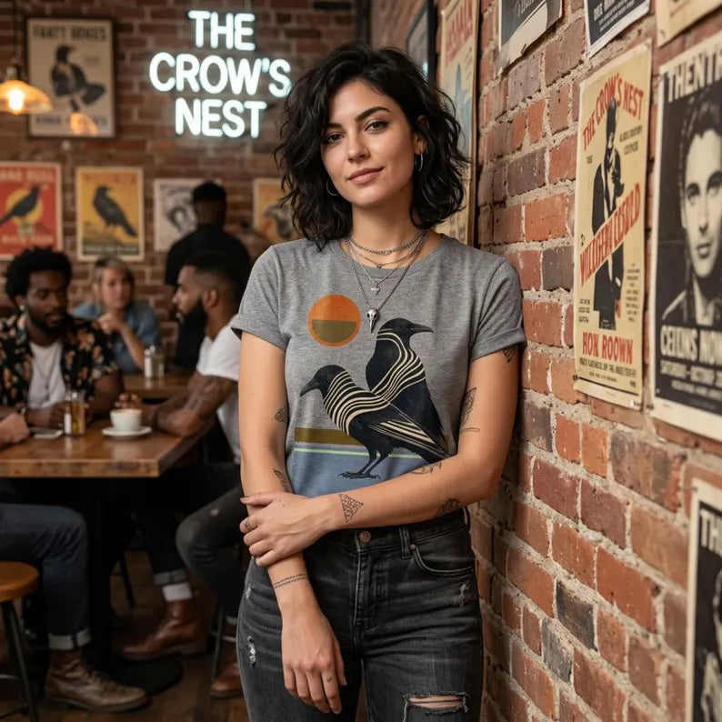 Raven Minimalist Modern T-Shirt - Retro Graphic Unisex Crow & Corvid Ultra-Soft Tee