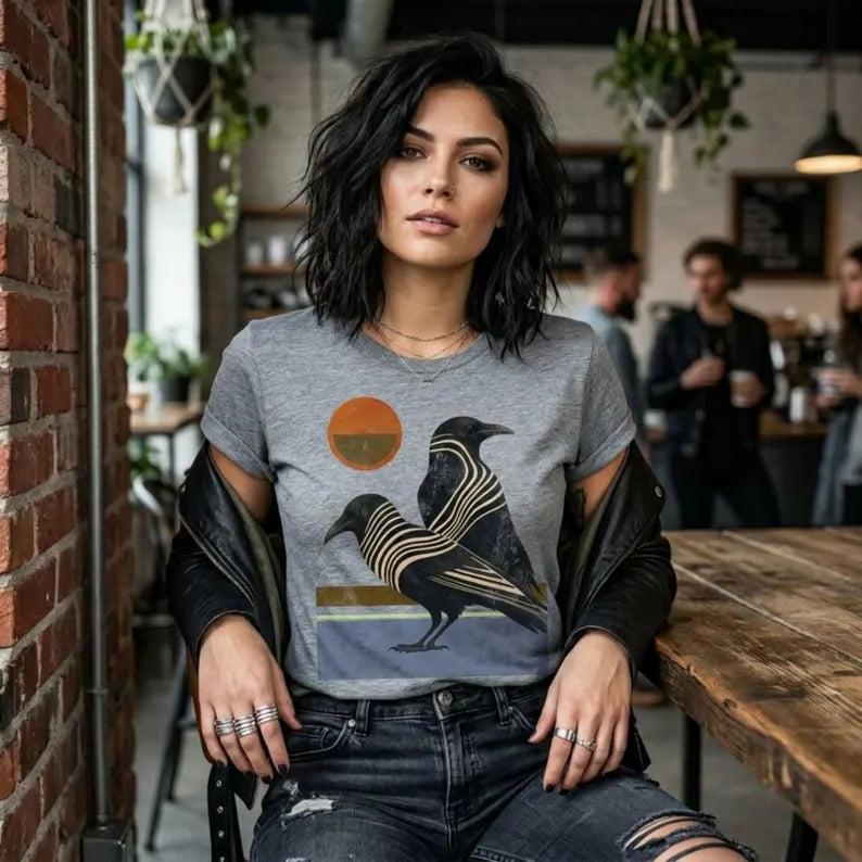 Raven Minimalist Modern T-Shirt - Retro Graphic Unisex Crow & Corvid Ultra-Soft Tee
