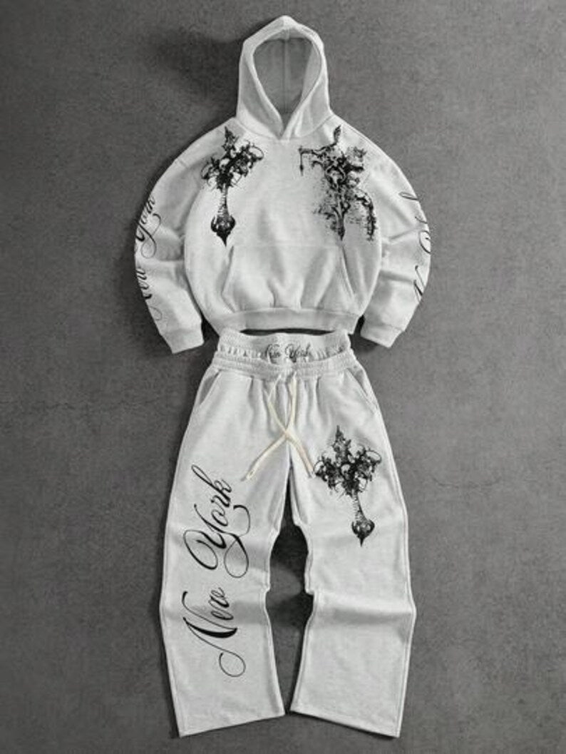 Gothic Tracksuit Men Women - White Graphic Hoodie & Jogger Two-Piece Set