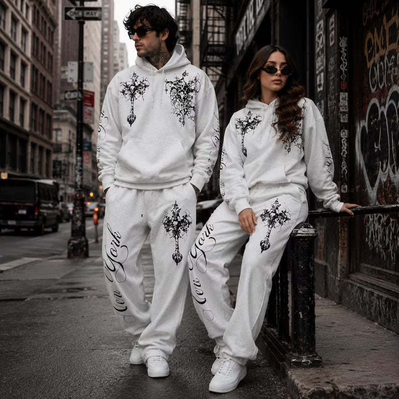 Gothic Tracksuit Men Women - White Graphic Hoodie & Jogger Two-Piece Set