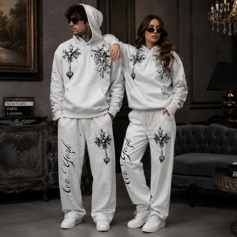 Gothic Tracksuit Men Women - White Graphic Hoodie & Jogger Two-Piece Set