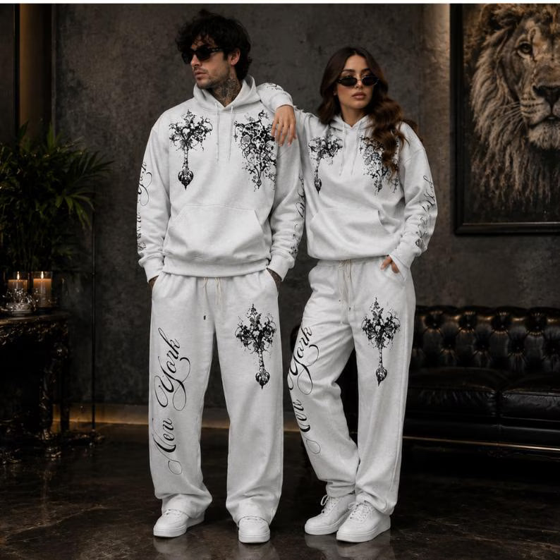 Gothic Tracksuit Men Women - White Graphic Hoodie & Jogger Two-Piece Set