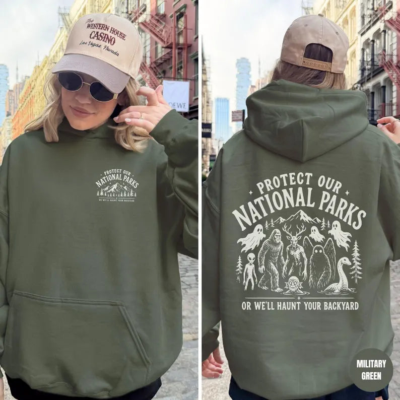 Protect Our National Parks Cryptid Hoodie - Bigfoot & Mothman Graphic Pullover for Men & Women
