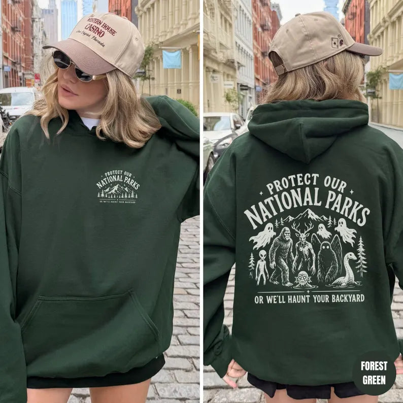 Protect Our National Parks Cryptid Hoodie - Bigfoot & Mothman Graphic Pullover for Men & Women