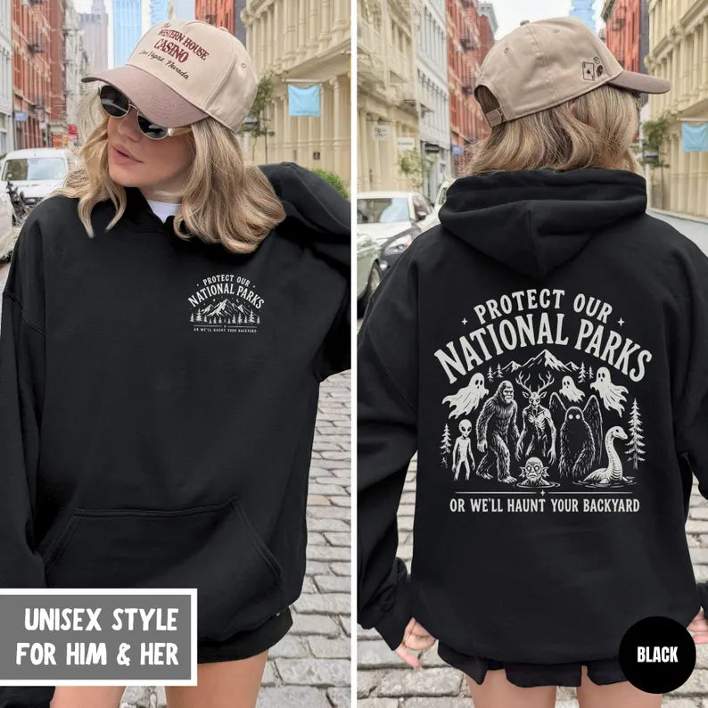 Protect Our National Parks Cryptid Hoodie - Bigfoot & Mothman Graphic Pullover for Men & Women